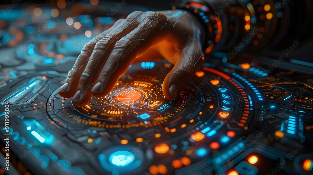 Poster a hand is touching a glowing circle on a computer screen. the circle is surrounded by a variety of c