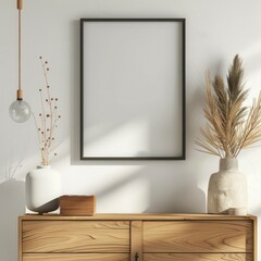 Empty Frame Mockup Displayed Above Dresser, Neutral Interior Setting for Visual Art and Decoration.