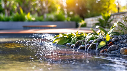Fototapeta premium Water feature fountain waterfall as wide banner with copy space area for garden landscape design concepts. Ai generative