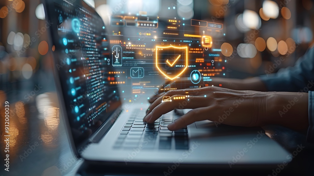 Poster a person is typing on a laptop with a glowing orange shield on the screen. the shield is a symbol of