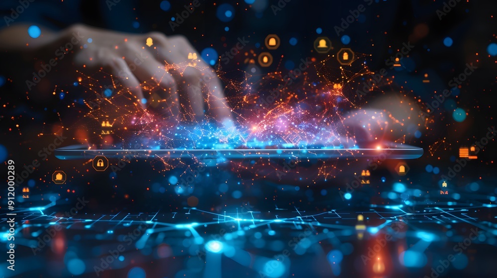 Poster a person is typing on a tablet with a blue background and red and orange sparks. concept of technolo