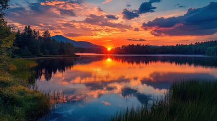 Sunset Reflection on a Calm Lake with Mountains and Trees