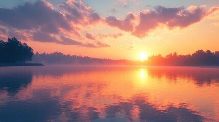 Naklejka premium Sunset Reflection on a Misty Lake with Silhouetted Trees