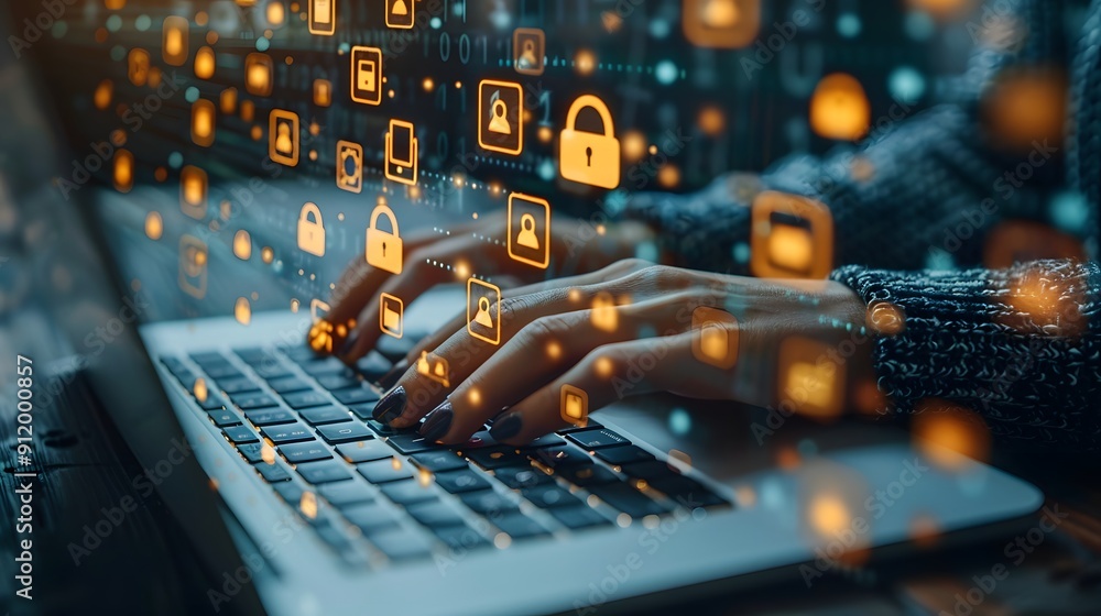 Aufkleber a person is typing on a laptop with a keyboard that has a lot of security icons on it