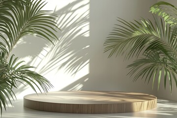 Fototapeta premium 3D platform with palm fronds for product exhibition