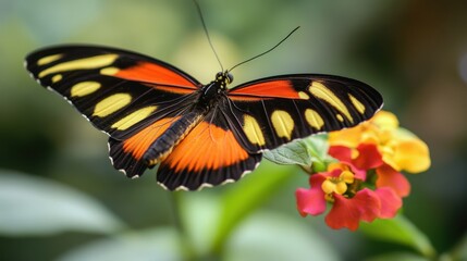 Naklejka premium A Colorful Butterfly Perched on a Pink and Yellow Flower