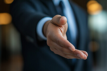Fototapeta premium Attractive businessman in formal suit extending hand for handshake, greeting offering welcoming concept.