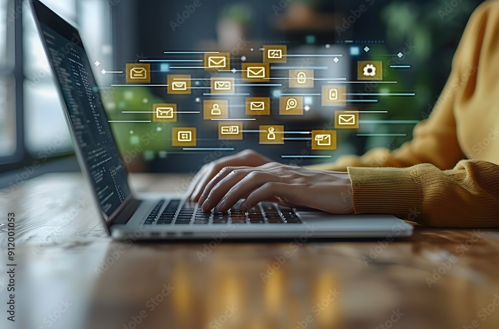 Poster a laptop screen shows a person typing on a keyboard with a large number of icons on the screen. the 