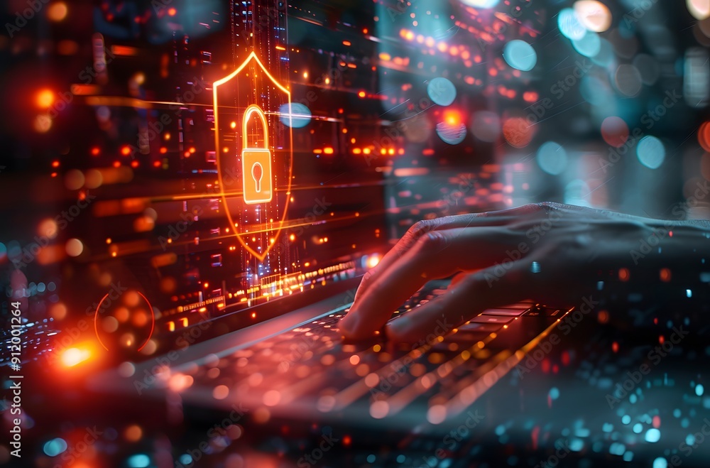 Poster a person is typing on a computer keyboard with a red and orange security symbol on the screen. conce