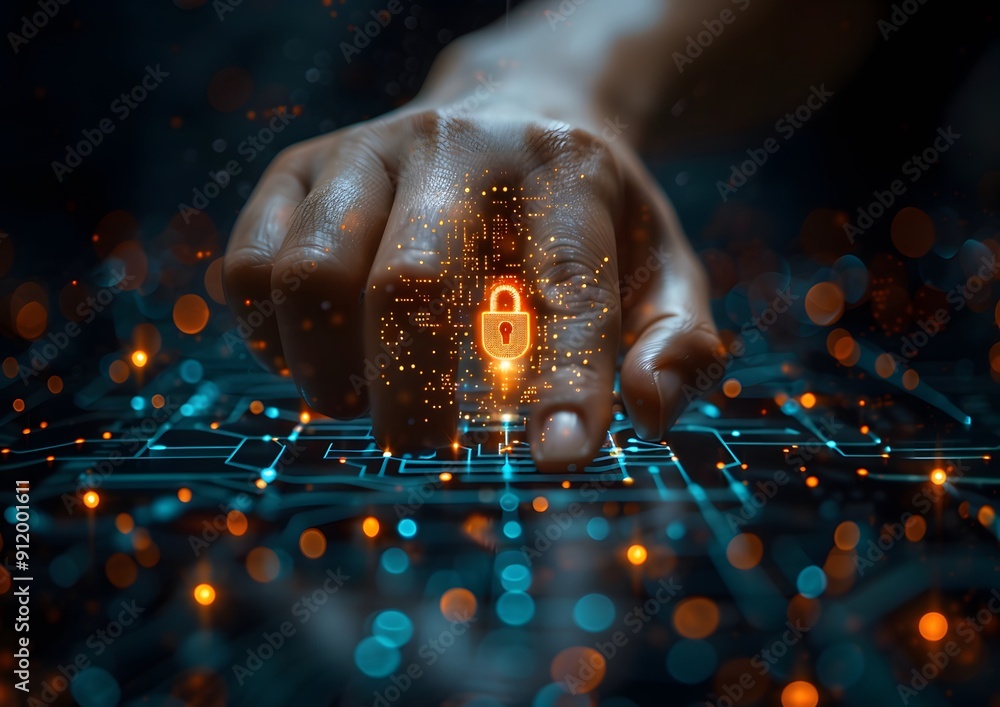 Poster a hand is pointing to a glowing lock on a computer screen. concept of security and protection, as th