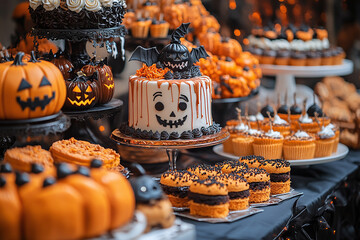 A Halloween-themed dessert table with cakes and cookies.