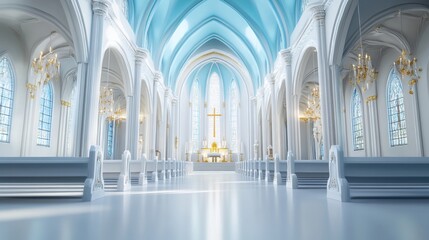 Fototapeta premium The interior of the church is white with a striking blue ceiling. The white walls contrast beautifully with the bright blue above, emphasizing the peaceful and spiritual environment of the place.