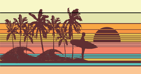Illustration of a surfer silhouette in the late afternoon. Art with colorful stripes and coconut trees in the background.