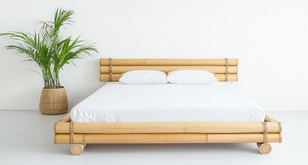 Bamboo bed frame, eco-chic bedroom, flat design illustration