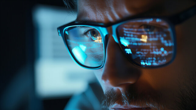 Programmer developer coder wears glasses working on programming code data, reflecting in glasses.