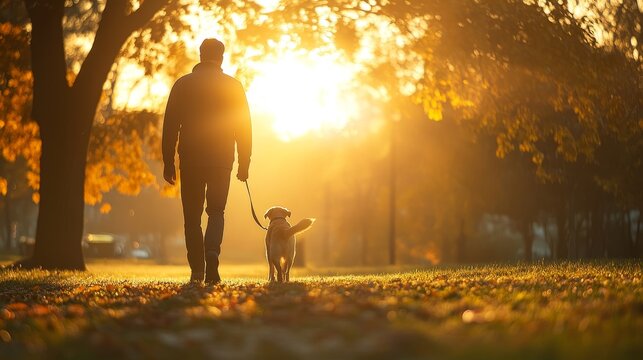 Person walking his dog in a park under warm golden morning sunlight with autumn trees and fallen leaves representing a calm start to the day