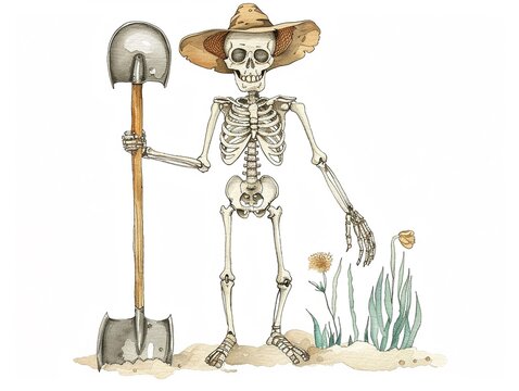 skeleton gardener with shovel and hat clip art preview