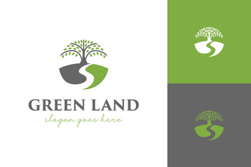 big tree in the field logo design with creek graphic shape for gardening, park, farm, village view vector illustration symbol