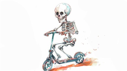 Fototapeta premium Skeleton with a bicycle,Clipart, watercolor illustration, Perfect for nursery art The style is hand drawn, white background