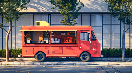 Red and Orange Food Trucks on the Street in the Style of Vray Tracing