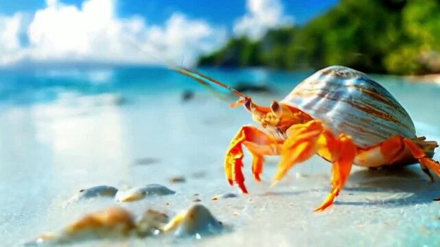 video of crab on tropical beach. Keep moving slowly on white sand, with clear blue sea and bright sky in the background. .
