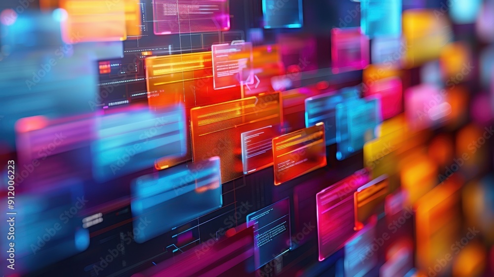 Poster colorful abstract digital background with floating data blocks, perfect for tech, innovation, and cr