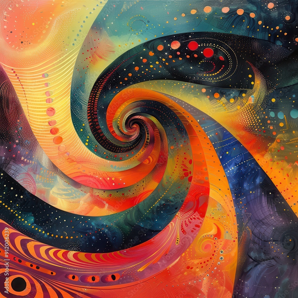 Poster colorful abstract swirl illustration with cosmic elements, creating a captivating visual experience 