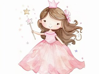 Fototapeta premium Princess holding a magical wand,Clipart, watercolor illustration, Perfect for nursery art The style is hand drawn, white background