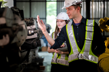 Factory engineers inspect on machine. Confident team mature businessman with laptop standing by robotic arm in industry businessman inspect at height technology for produce the electronic part device.