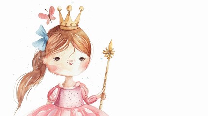 Fototapeta premium Princess with a tiara and scepter,Clipart, watercolor illustration, Perfect for nursery art The style is hand drawn, white background