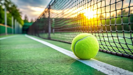Tennis ball on green tennis court with net in background, sports, outdoor, tennis game, competition, equipment, recreation