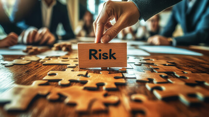 A hand places a wooden block labeled 'Risk' on a table, symbolizing decision-making and strategic planning in business.