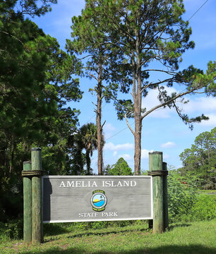 Amelia Island State Park sign, Amelia Island Park is a public park with 200 acres of unspoiled wilderness and horseback riding on the beach. 
