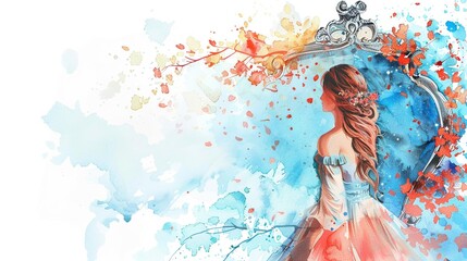 Princess with a magical mirror,Clipart, watercolor illustration, Perfect for nursery art The style is hand  drawn, white background