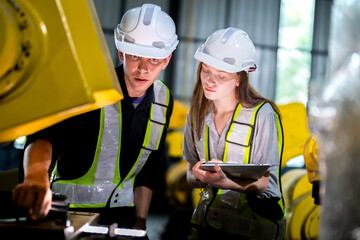 team engineers inspecting on machine with smart tablet. Worker works at heavy machine robot arm. The welding machine with a remote system in an industrial factory. Artificial intelligence concept.