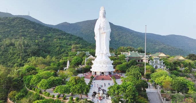 Aerial view of Ling Ung pagoda, Son Tra peninsula, Da Nang, Vietnam.