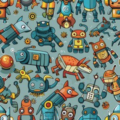 seamless pattern of robotic AI assistants and helpers