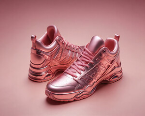 Light pink metal  sneakers on a pink background, Generative AI