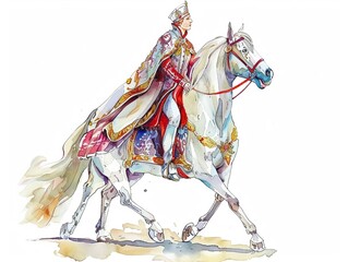 Prince riding a noble steed,Clipart, watercolor illustration, Perfect for nursery art The style is hand  drawn, white background