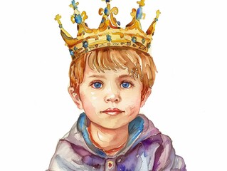 Prince with a princely crown,Clipart, watercolor illustration, Perfect for nursery art The style is hand  drawn, white background