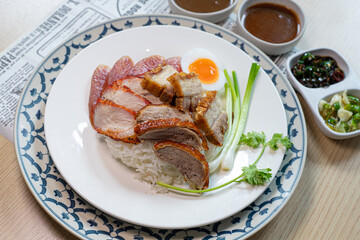 Red pork, crispy pork, roast duck rice