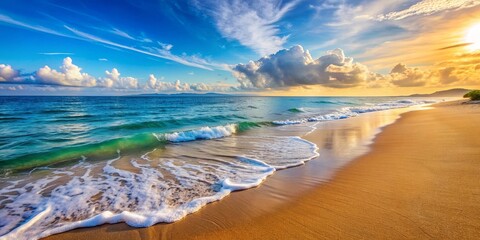 Tranquil beach scene with gentle waves lapping the shore, creating a sense of peace and serenity, beach, sea, ocean