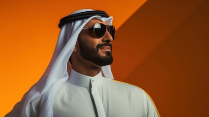 Fototapeta premium Arab businessman in Dubai, one color background with generative ai