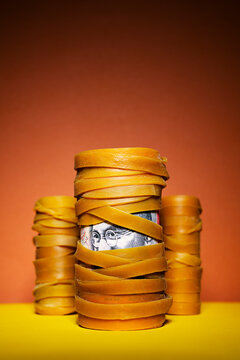 Indian ruppe bill roll covered with elastic tape