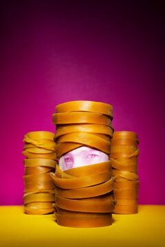 Turkish lira bill roll covered with elastic tape