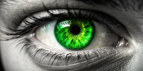 Naklejka premium Super closeup of a human green eye showing intricate details, Green eye, Macro, Closeup, Human, Detail, Iris, Pupil