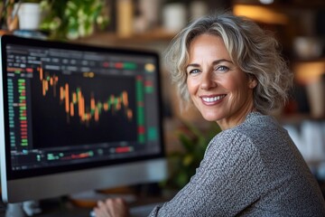 Portrait of a smiling mature middle-aged business woman in casual sitting at a desk with a computer displaying a stock market trading graph and candlestick chart, as a financial centerpiece concept.