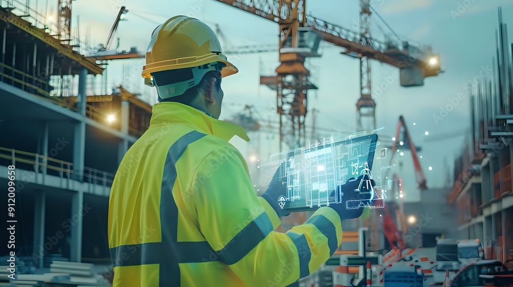 Poster construction worker uses digital tablet with building information modeling software at construction 