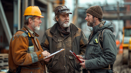 Fototapeta premium a geotechnical engineer speaking with construction foremen at a new building site. The engineer is holding a clipboard.generative ai