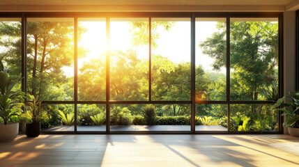 Golden view from modern home to an outside meadow through windows